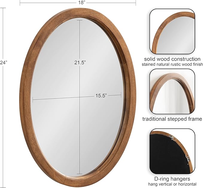 Kate and Laurel Hogan Farmhouse Oval Framed Wall Mirror; 18 x 24; Natural Rustic; Decorative Traditional Wood Mirror with Soft Curvature and Oval Shape