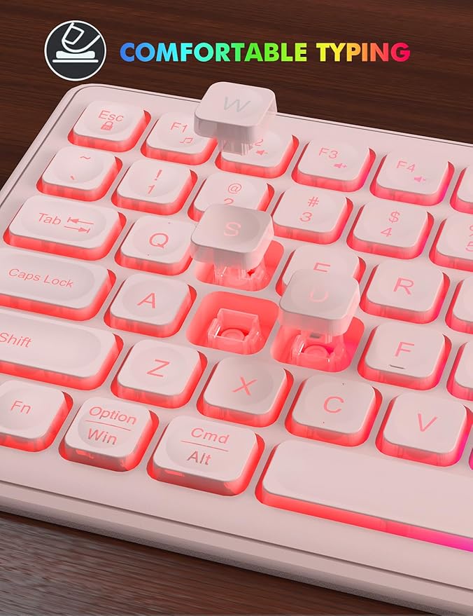 Wireless Keyboard and Mouse Combo, RGB Backlit, Rechargeable & Light Up Letters, Full-Size, Soft Typing, Sleep Mode, 2.4GHz Quiet Keyboard Set for Mac, Windows, Laptop, PC, Trueque (Pink)