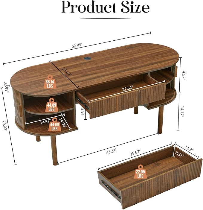 Executive Office Desk with Storage, 63 Inch Large Computer Workstation Desk with Drawer and File Cabinets, Mid Century Modern Fluted Wood Writing Desk for Home Office, Study Room, Living Room, Walnut