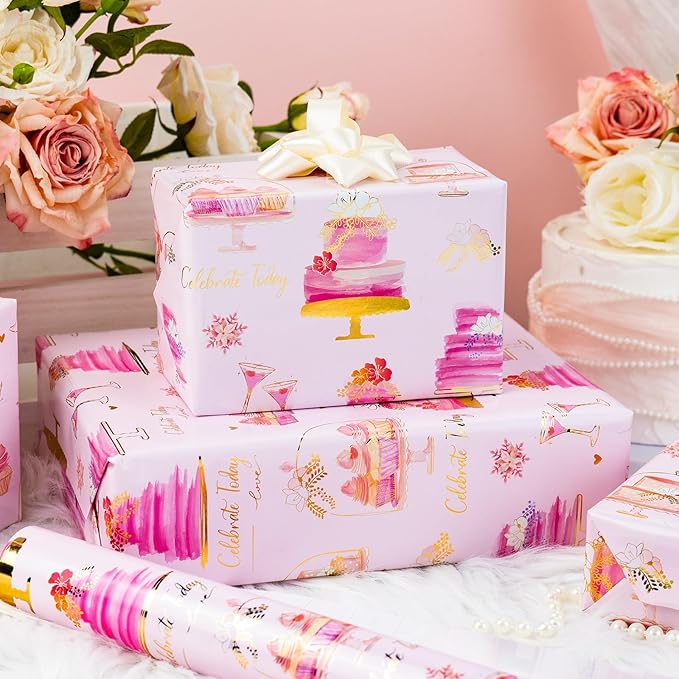 Merture Pink Wedding Wrapping Paper Roll - Foil Doodle Style Gift Wrap with Sweet Cake Pattern - 17 In X 32.8 Ft(46.5 sqft) for Wedding, Bridal Shower, Valentines Day, Girls Birthday Party