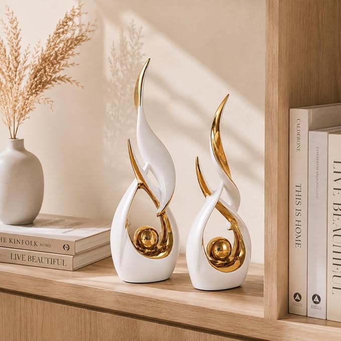2 PCS White Gold Ceramic Statues For Home Decor Accents, Modern Abstract Art Sculptures, Elegant Tabletop Decorative Objects For Dining Room, Entryway, Tv Stand, Mantel, Coffee Table Centerpieces
