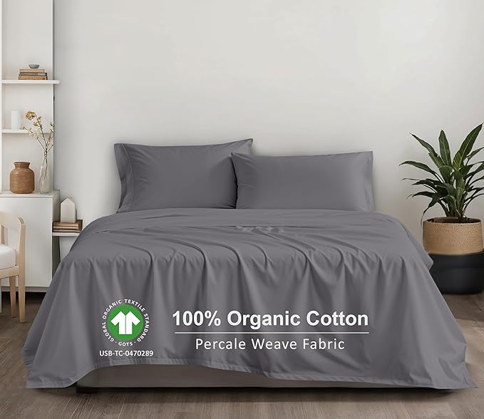 RUVANTI 100% Organic Cotton Sheets Queen Size, Percale Weave, GOTS Certified, 4-Piece Set, Deep Pocket 15", Crisp & Breathable, Soft Durable Bedding, Sábanas Algodón Orgánico – Silver Filigree