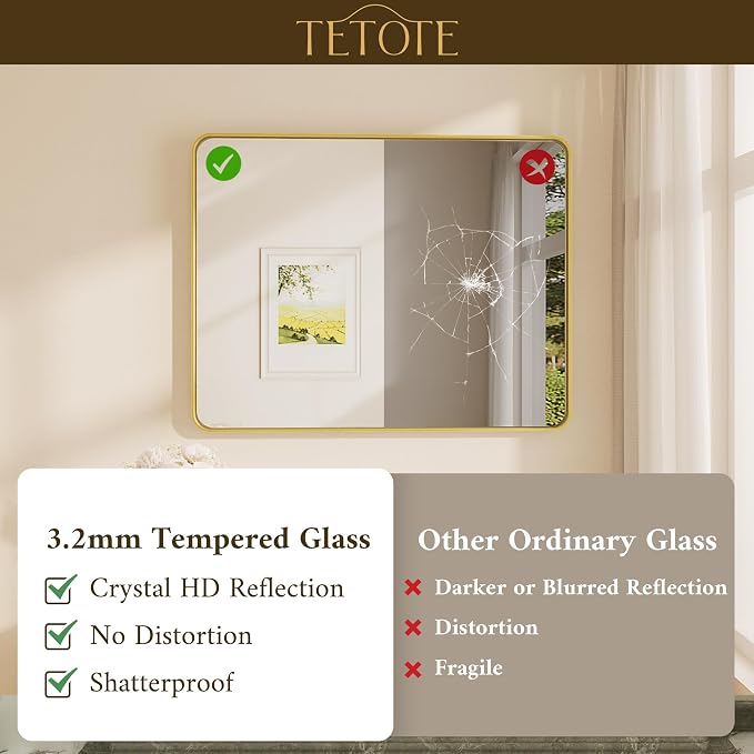 TETOTE 30 x 36 Inch Gold Mirror for Bathroom, Brushed Metal Frame Vanity Mirror, Brass Gold Rectangle Modern Decorative Wall Mirrors for Entryway Shatterproof (Horizontal/Vertical)