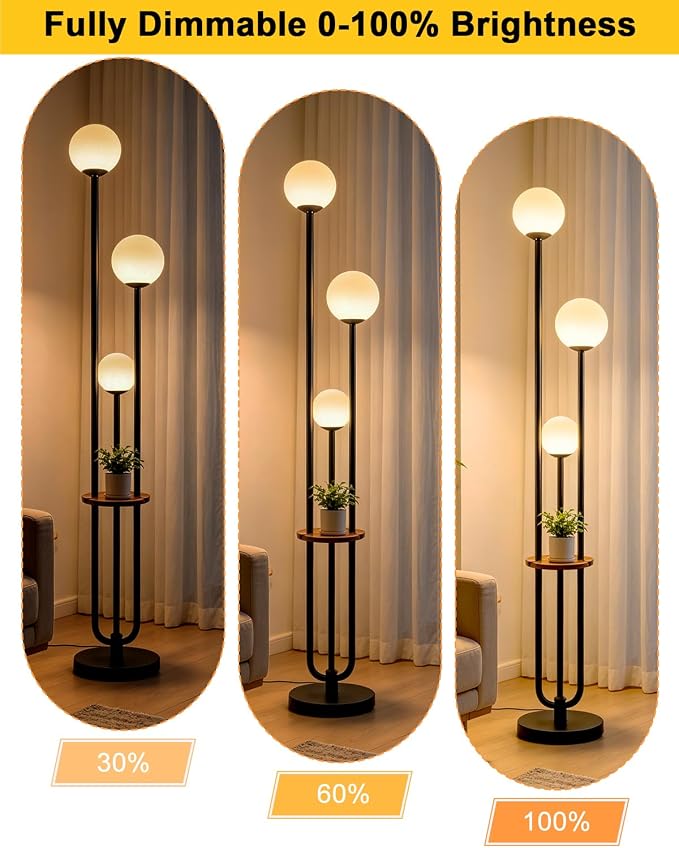 63IN Black Floor Lamp with Shelf Mid Century Modern Tall Standing Lamps with 3000K Warm White Bulb Included Dimmable Globe Floor Lamp with 5Lbs Heavy Base for Living Room/Bedroom/Home Decor