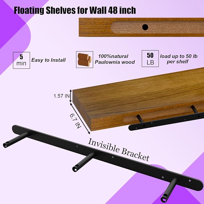 IAE Walnut Floating Wall Shelves 48 inch, Bathroom Shelf Wall Mounted,Invisible Shelving Floating Kitchen Shelf,Wooden wall Shelves with Brackets for Living Room wall Mounted,Easy Install,Set of 2