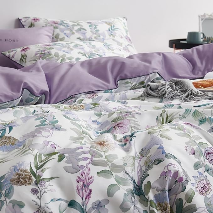 mixinni Garden Style Purple Floral Printed on White Duvet Cover Queen Size Flower Leaves Pattern Long Staple Cotton Bedding Set with Zipper Ties for Him and Her, Easy Care, Soft and Breathable