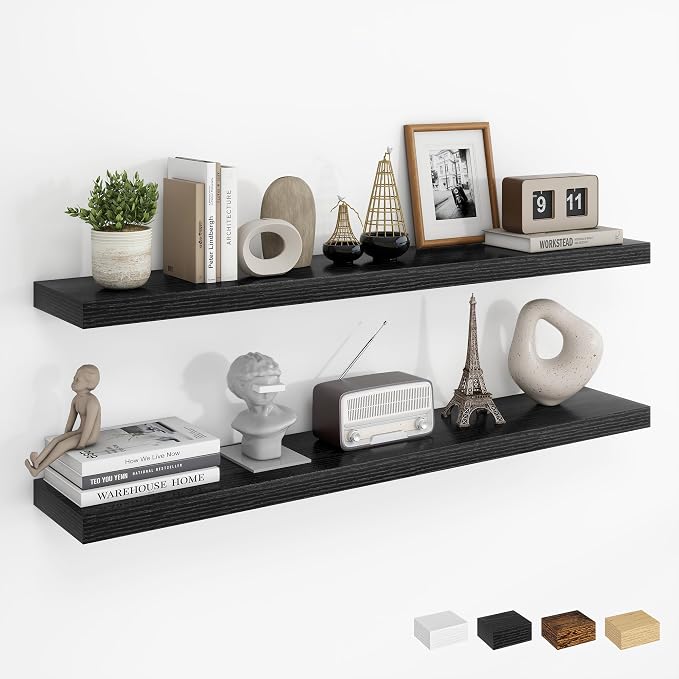 Dreamland 40Inch Floating Shelves for Wall, Rustic Wooden Black Floating Shelves for Living Room, Kitchen, Farmhouse, Deep Wall Mounted Book Shelf, Wood Storage Display Shelf for Home Decor, Set of 2