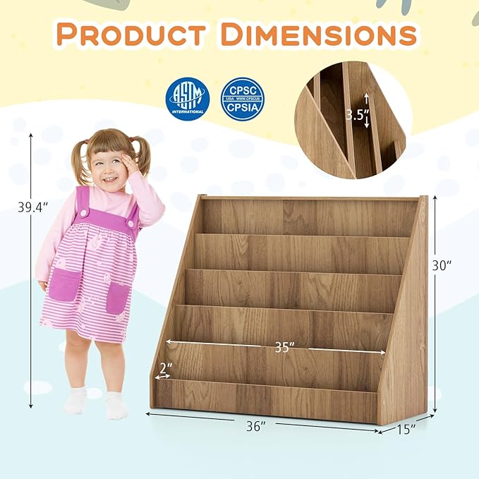 Costzon 5-Tier Kids Bookshelf, Wooden Children Bookcase, Toddler Book Rack, Magazine Storage & Display Shelf, Book Shelf for Kids Room, Living Room, Nursery, Classroom (Natural)