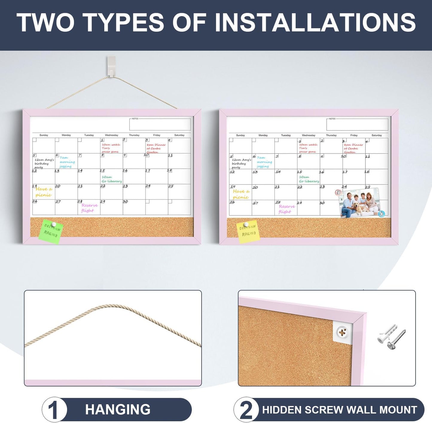 Skiennix Dry Erase Calendar Cork Board Combo - 17x13 Inch Magnetic Whiteboard with Pink Frame for Home & Office Planning