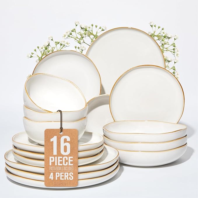 Pokini Plates and Bowls Sets, 16 Pieces Dinnerware Set for 4 with Pasta Bowls, Handmade Dishes Set, Chip Resistant Dishware Sets, Microwave Safe Dinner Set, Designed for Interactive Meals, White