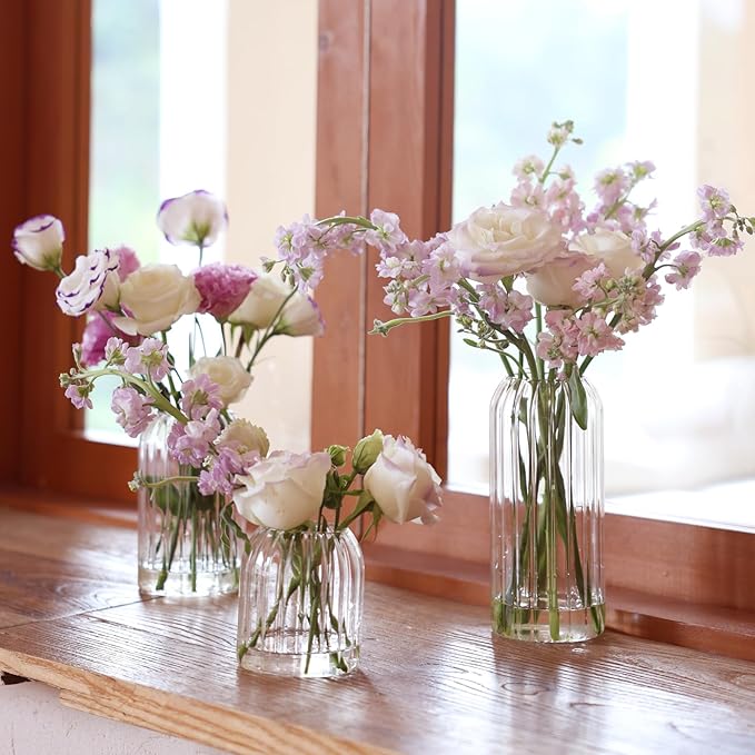 Bud Vases in Bulk Set of 6, Glass Small Vases for Flowers, Modern Cylinder Ribbed Vases for Wedding Centerpiece, Living Room Decorative, Home Decor