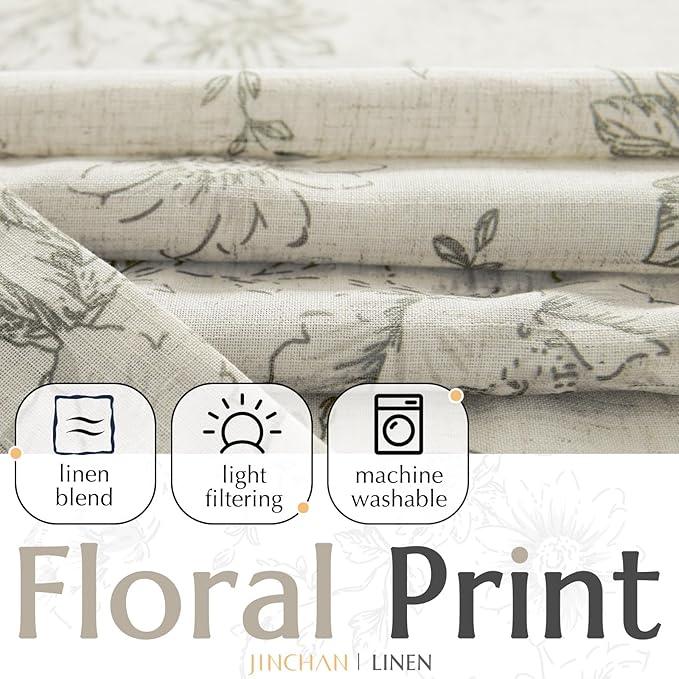 jinchan Lined Linen Blend Curtain Floral Curtains for Living Room 63 Inch Length Grey Peony Flower Printed Curtain Back Tab Farmhouse Patterned Drapes Bedroom Window Curtains Set 2 Panels