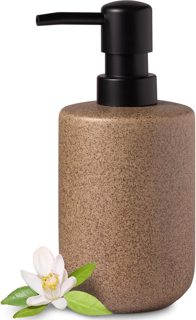 EMPO Ceramic Hand Soap Dispenser with Matte Black Pump, Stone-Textured Wabi-Sabi Liquid Dispenser for Bathroom Vanity and Kitchen Sink (350ml/11.83oz)
