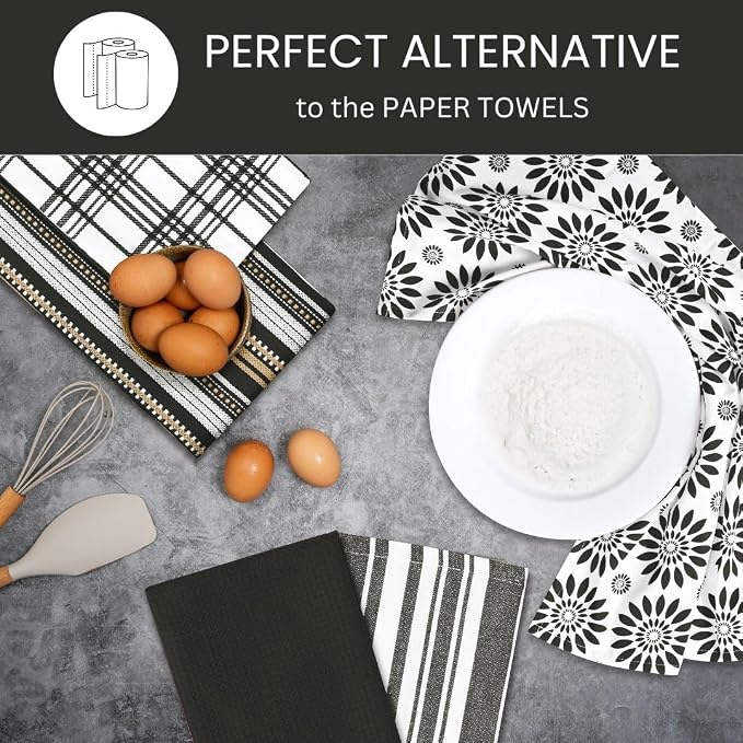 Assorted Kitchen Towels Large 16x26 inches 100% Cotton Set of 5 - Soft Absorbent Washable Tea Towel for Kitchen - Dish Cloths with Hanging Loop - Quick Drying Dish Towels Black