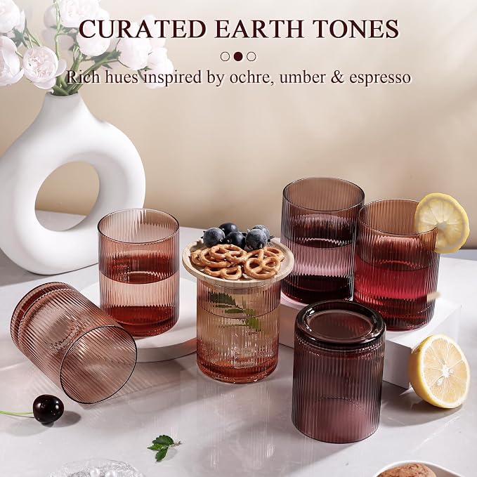 Physkoa 6-Piece Brown Ribbed Glassware Set –Vintage Drinking Glasses in Ochre, Umber & Espresso –8.5oz Tumbler Cups for Water, Juice, Iced Coffee, Whiskey, Cocktail –Aesthetic Colored Glasses