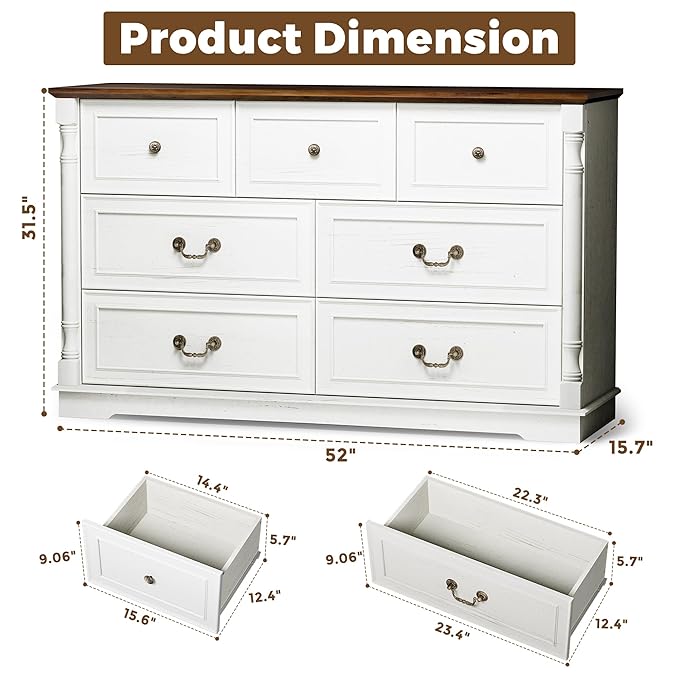 Farmhouse 7 Drawer Dresser for Bedroom, 52" Wide Rustic Chest of Drawers with Retro Handle, White Dresser with Natural Texture, Wood Vintage TV Stand for Living Room, Hallway, Antique White