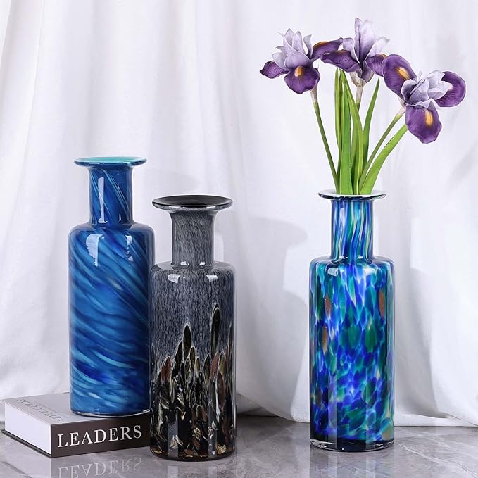 Hand Blown Glass Vase Smoke Gray – Murano Style Art Glass Vase with Wide Mouth for Flowers, Unique Bubble Vase, Modern Coastal Glass Decor for Dining Room, Coffee Table, Living Room Display(Gray)