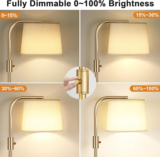 Ambimall Fully Dimmable Floor Lamp - Floor Lamps with 9W LED Bulb, Standing Lamps for Living Room with Adjust Head, Modern Standing Tall Light Rotary Switch for Office(Gold and Beige)