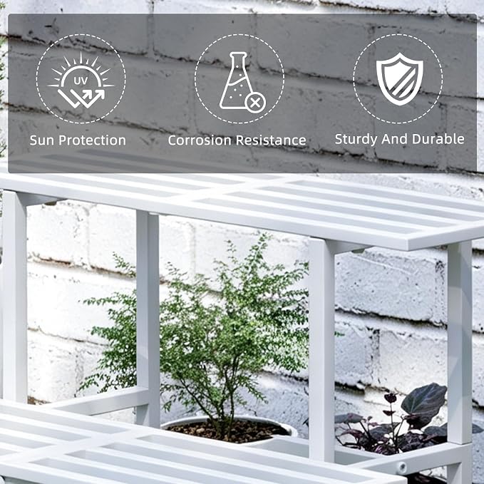 Plant Stand Indoor Outdoor, Foldable Metal Plant Shelf for Multiple Pots, Mid Century Slatted Bench for Patio Garden, Heavy Duty Capacity 330 lbs 2 Tier White