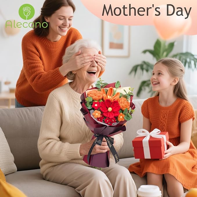 Alecono Crochet Flower Bouquet, Orange and Burgundy Knitted Flowers, Red Crochet Tulip Galsang Flower for Lover Anniversary Birthday Party Mother's Day Graduation Gifts (Include Card)