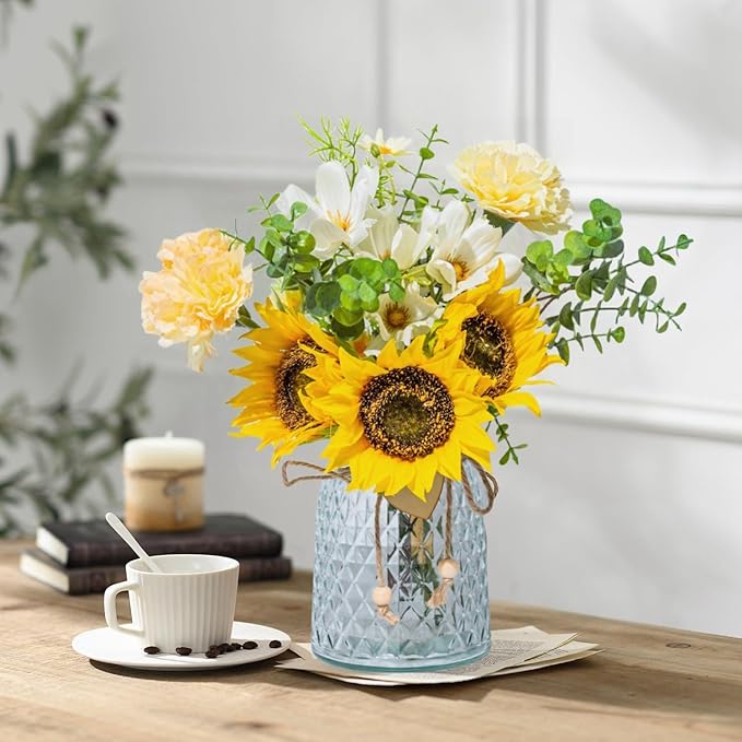 Artificial Flowers with Glass Vase, Fake Flower Bouquet Faux Sunflower in Vases for Home Dcor Flowers Modern Home Decor Table Decorative Flower Vase for Dinner Office Bedroom, Yellow