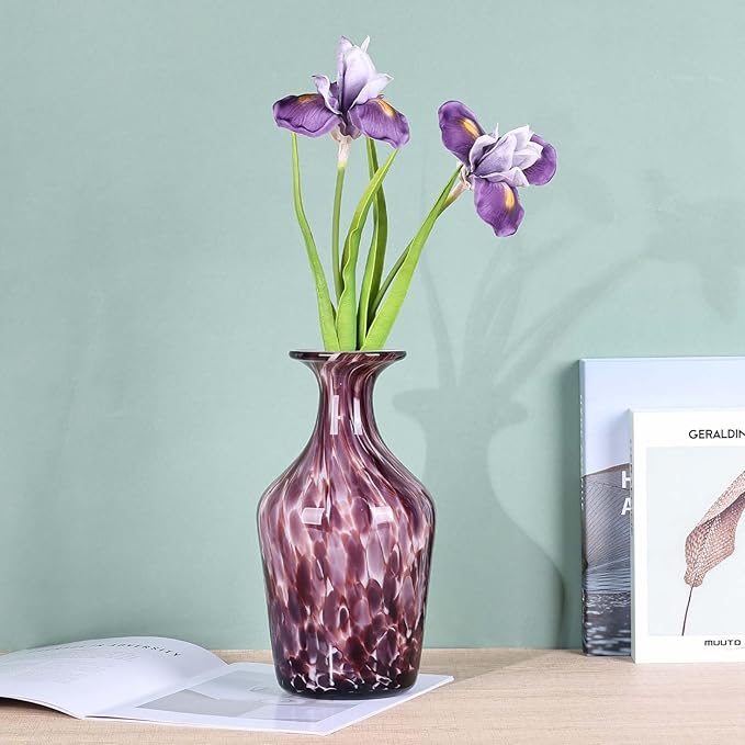 Hand Blown Glass Vase Plum – Murano Style Art Glass Vase with Wide Mouth for Flowers, Bubble Vase, Decorative Centerpiece for Dining Table, Coffee Table or Living Room Display (Purple)