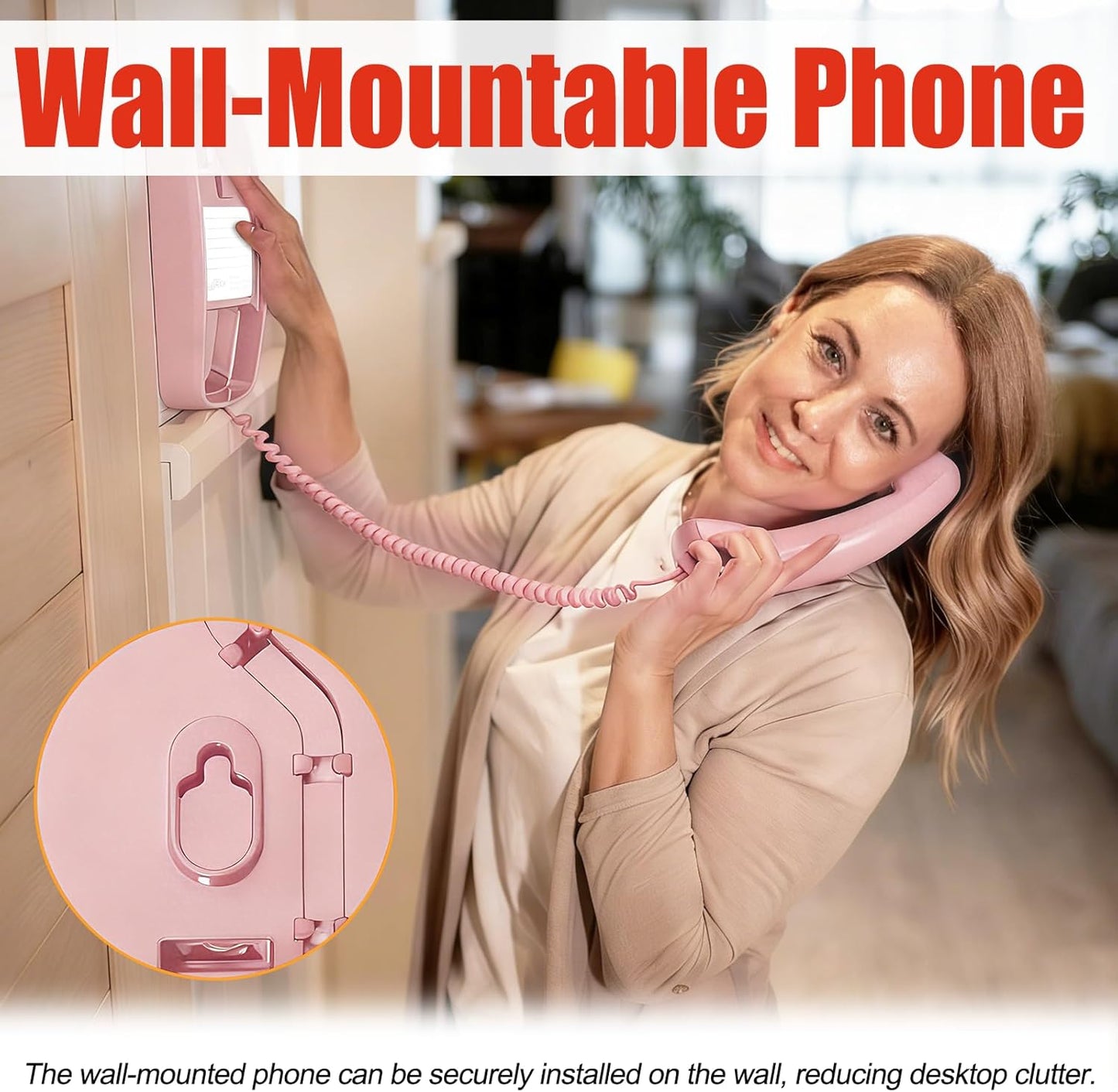Uvital Corded Landline Phone - Wall-Mount Design with Loud Ringer | Emergency Use, Pink