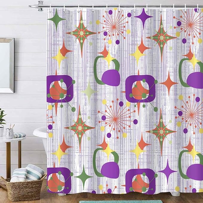 Mid Century Shower Curtain, 60x72inch, Modern Abstract Retro Purple Striped Geometric Shower Curtain Sets 1950s Boho Bathroom Shower Curtain with 10 Hooks