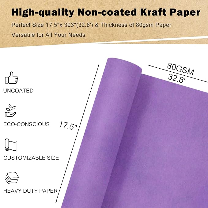 RUSPEPA Kraft Paper Roll - 17.5 inches x 32.8 feet - Recyclable Paper Perfect for Wrapping, Craft, Packing, Floor Covering, Dunnage, Parcel, Table Runner, Dark Purple