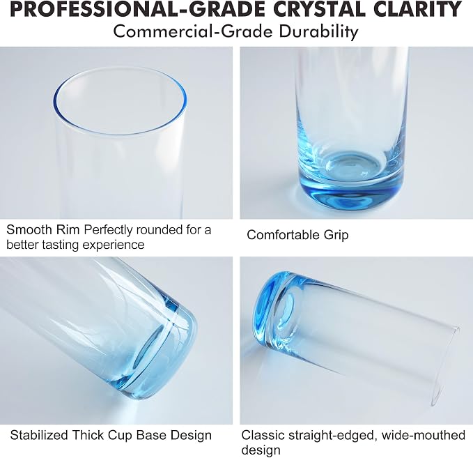 Blue Highball Glasses Set of 6,13oz Drinking Glass Cups for Mixed Drink Cocktail, Beer, Mojito, Water and Juice,Thick Tall Crystal Glassware for Kitchen, Restaurant, Home Bar and Parties