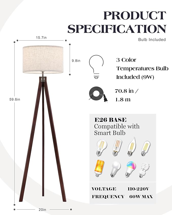 ELYONA Wood Tripod Floor Lamp with 3 Color Temperatures Bulb, Mid Century Modern Reading Standing Light, Farmhouse Floor Light Linen Shade for Living Room Bedroom Office, Walnut, 9W LED Bulb Include