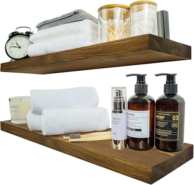 BGMG Wood Floating Shelves for Wall 24 inch Set of 2, Rustic Wooden Wall Mount Shelves for Bathroom Living Room Bedroom Kitchen Farmhouse -24x6.7-Dark Walnut