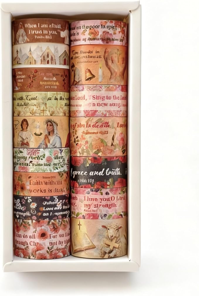 Bomichi Christian Washi Tape, 16 Rolls Aesthetic Colored Decorative Cute Scrapbook Tape for Scrapbooking Supplies Journaling Craft Junk Journal