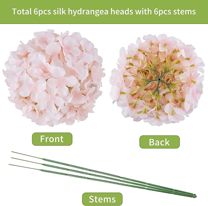 DuHouse Silk Hydrangea Artificial Flower Heads with Stems Fake Hydrangeas Flowers for DIY Wedding Centerpiece Home Decor,Pack of 6 (Baby Pink)