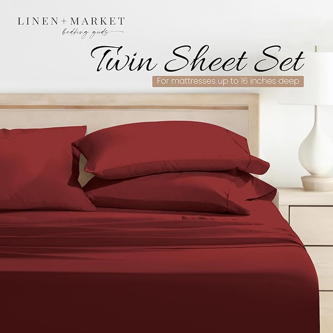 Linen Market Brushed Microfiber Twin Sheet Set 3 Piece – Oeko-TEX Certified Ultra Soft & Wrinkle-Free - 16" Deep Pocket Sheets - Easy Care Twin Size - Burgundy