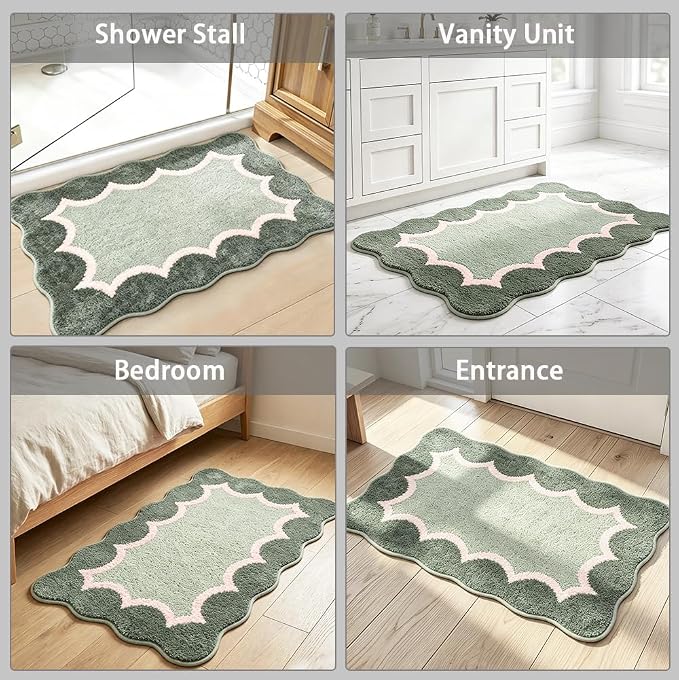 Cute Scalloped Green Bathroom Rugs Mat,Non Slip Absorbent Quick Dry Bath Mats for Shower Room,Plush Microfiber Bath Rug for Bathroom Floor Washable Carpet for Shower Tub Sink Bedroom,24"x36"