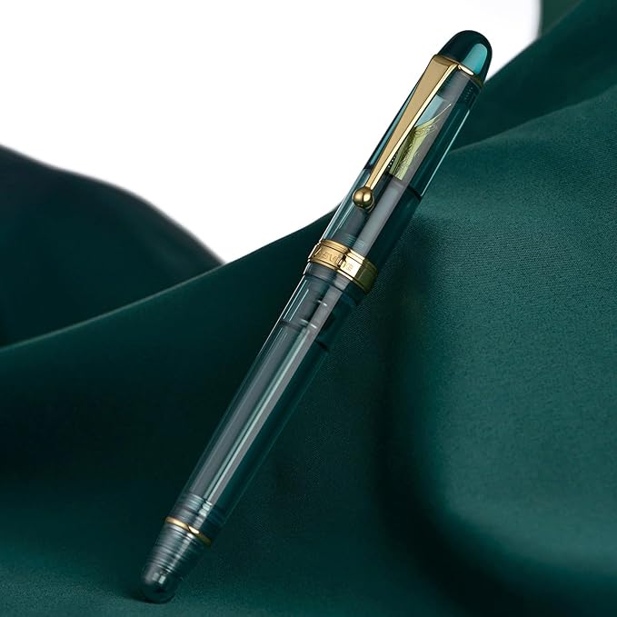 Asvine V126 Vacuum Filling Fountain Pen, Transparent Teal Acrylic Stub Nib 1.1mm Calligraphy Art Drawing with Case Set