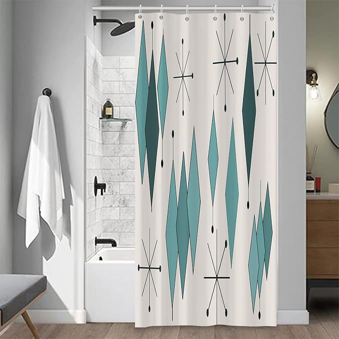 Mid Century Turquoise Shower Curtain Abstract Teal Diamond Geometric Atomic Starburst Pattern Beige Backdrop for 1950s Retro Bathroom Decor Shower Curtain Set with 12 Hooks, 36x72 Inches