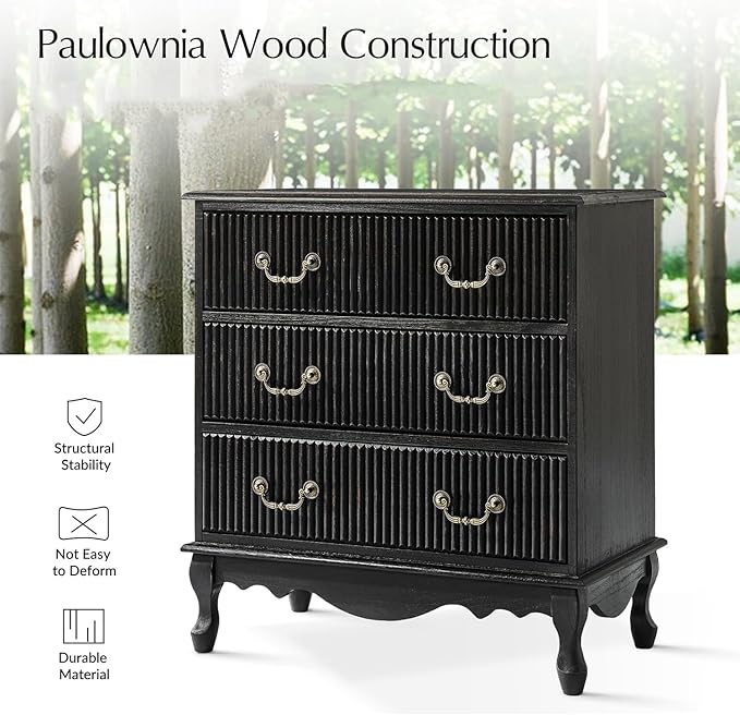 HULALA HOME Transitional Side Table Set of 2 with 3 Drawers and Charging Station, 28" Solid Paulownia Wood Sidetable with Vertical Stripe, Charcoal