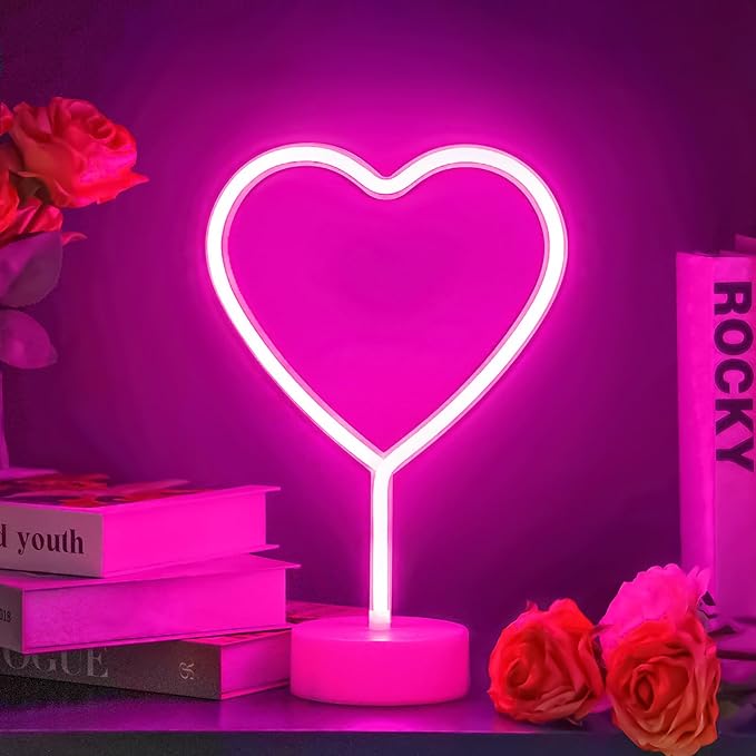 BHCLIGHT Pink Heart Neon Sign, Valentines Day LED Neon Light Battery Operated or USB Powered Valentines Pink Heart Lights, Table Lamp for Galentines Day Decorations, Wedding, Gifts for Women, Lover.
