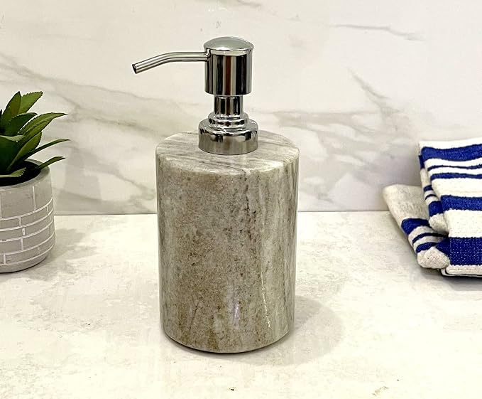 Stone Made Natural Stone Liquid Soap Dispenser by Wigano.Stone Soap Dispenser with Chrome Polish Pump Ideal for Room Bathroom, Luxury Hotel Bathroom (Brown)