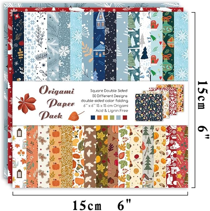 Origami Paper Kit 50 Sheets 70GSM 6 Inch Square Double Sided Color 50 Vivid Japanese Washi Chiyo Colors for Hand Crafts Origami Paper Arts Creativity.Winter