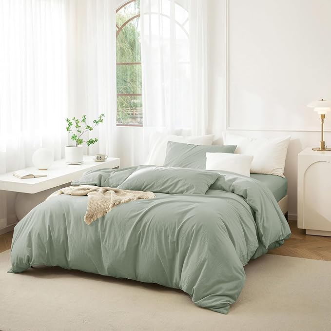 JIYUAN 100% Washed Cotton Duvet Cover Set 3 Pieces Super King, 1 Duvet Cover 108x98 Inches(Comforter Not Included) and 2 Pillowcases,Linen Feel Bedding Set Comfy and Breathable, Heathered Sage Green