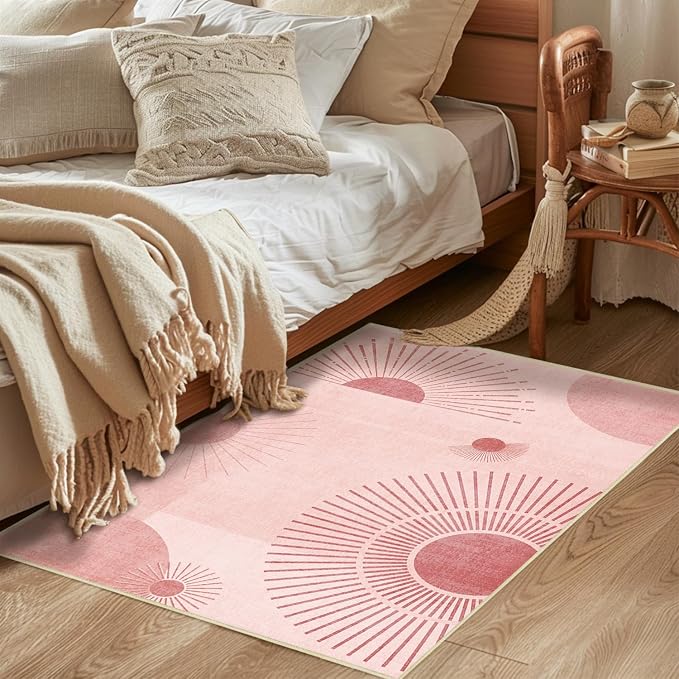 Sun Rug 2x3 for Entryway Mid Century Modern Rugs Machine Washable Boho Geometric Rug Non Slip Printed Low Pile Indoor Door Mat Floor Carpet for Bedroom Bathroom Kitchen Laundry,Pink