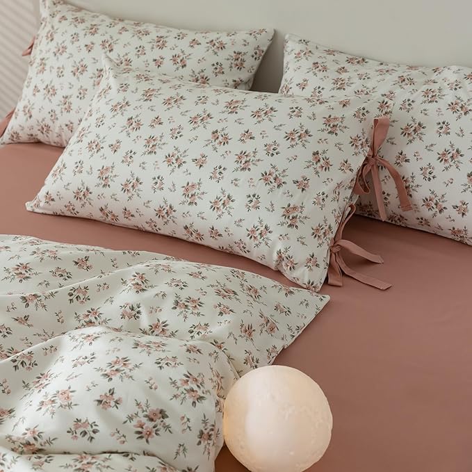 EAVD Pink Flower Duvet Cover Twin Soft 100% Cotton Chic Shabby Pink Floral Cottagecore Bedding Set with 2 Pillowcases Vintage Style Peach Floral Comforter Cover with Zipper Closure