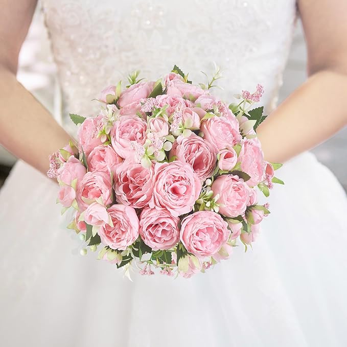 Mkono Peonies Artificial Flowers, Small Silk Flowers for Home Decor Indoor Fake Bouquet Faux Floral Arrangements Dining Table Centerpieces for Kitchen Bridal Wedding Party Decor Pink