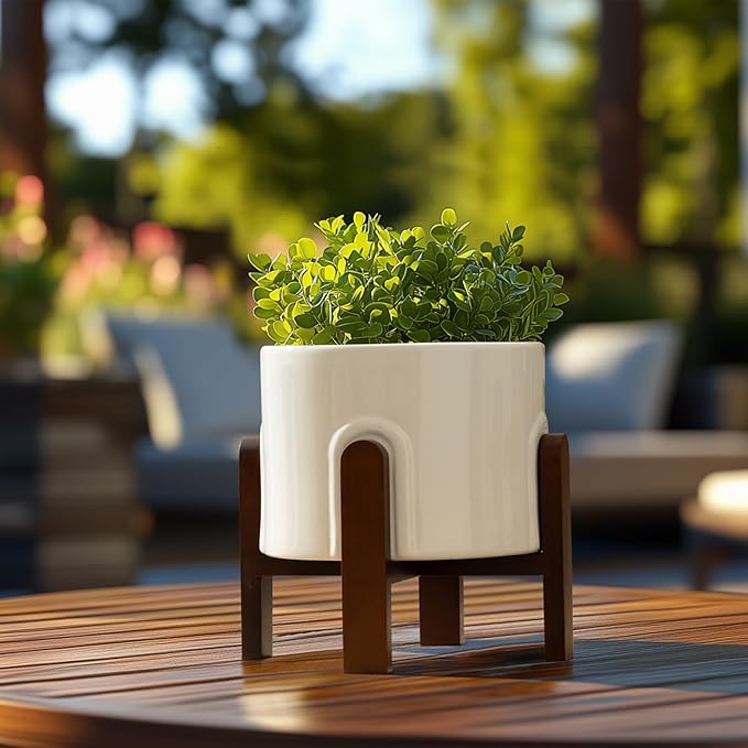 La Jolie Maison White Planter with Wood Stand, Large Ceramic Planter for Indoor Plants, 9 Inch Modern Planter Pots Whit Drainage Hole