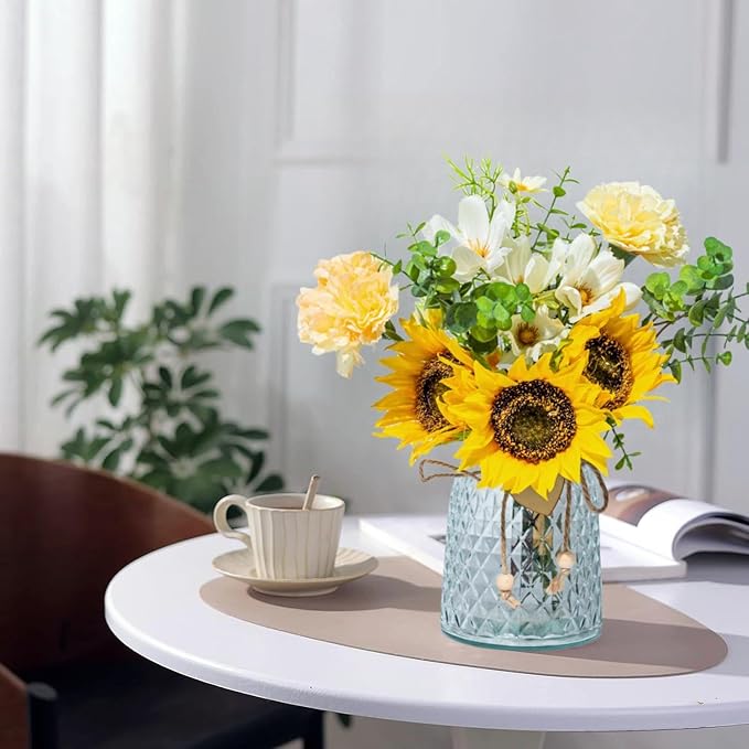Artificial Flowers with Glass Vase, Fake Flower Bouquet Faux Sunflower in Vases for Home Dcor Flowers Modern Home Decor Table Decorative Flower Vase for Dinner Office Bedroom, Yellow