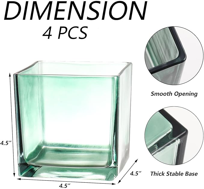 MARTAGE Square Glass Vases Set of 4, 5" x 5" x 5" Green Flower Vases for Centerpieces, Square Vase for Flowers, Small Vase for Wedding, Party, Home Office Decoration