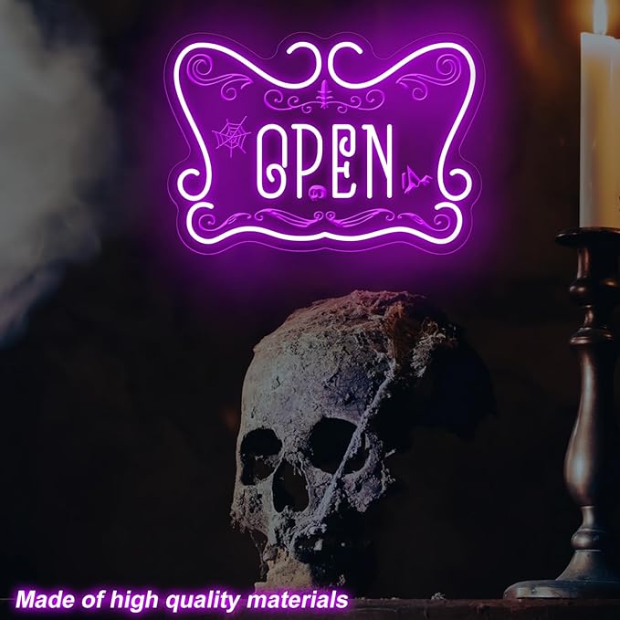 Gothic Open Neon Sign LED Wall Light for Witchy Shop Spooky Café Halloween Decor Crystal Store Tattoo Studio and Mystic Boutique Room Game Kids Room Man Cave Party Decor Party Supply Ba